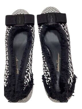 Salvatore Ferragamo Vara Black White Woven Leather Pumps Size 8